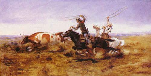Charles M Russell O.H.Cowboys Roping a Steer Norge oil painting art